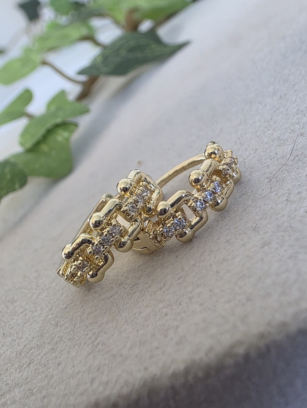 Small Gold Filled CZ U Link HardWear Chain Hoop Earrings Hinged Huggies